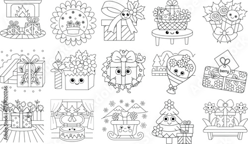 Adorable Outline Illustrations of Christmas Gifts and Festive Decorations Keywords: Christmas, gift, present, box, bow, ribbon, holly, mistletoe, basket, flowers, wreath, candle, snowman