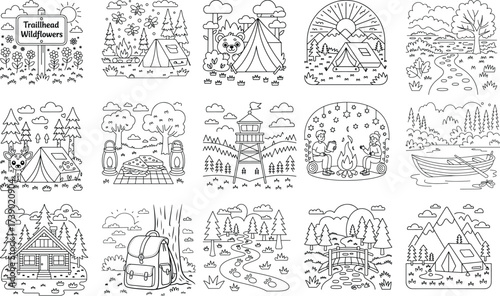 Adventurous Outdoor Scenes with Tents, Campfires, and Nature for Coloring camping outdoors