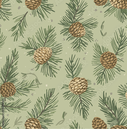 Vector design of A stylized flat design featuring repeating patterns of pine branches and pinecones in a seamless arrangement, set against a muted green and brown color palette