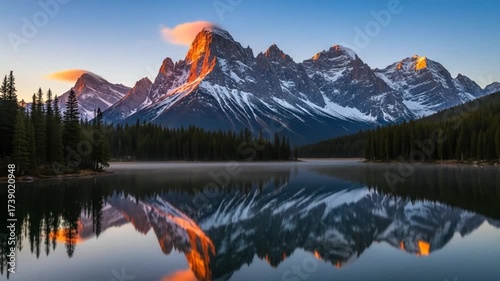 Majestic Mountain Reflection in Serene Lake at Sunrise, Cloudscape and Forest