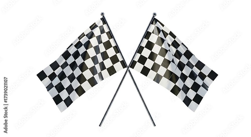 Fototapeta premium Two checkered racing flags crossed on white background for victory success and achievement