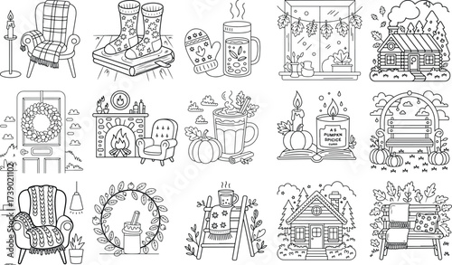 Cozy Autumn Scenes Featuring Armchairs Fireplaces and Warm Beverages Keywords: autumn, fall, cozy, armchair, fireplace, mug, hot chocolate, candle, pumpkin, cabin, house, window, wreath, bench