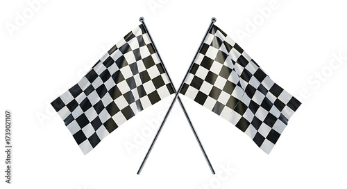 Two checkered racing flags crossed on white background for victory success and achievement