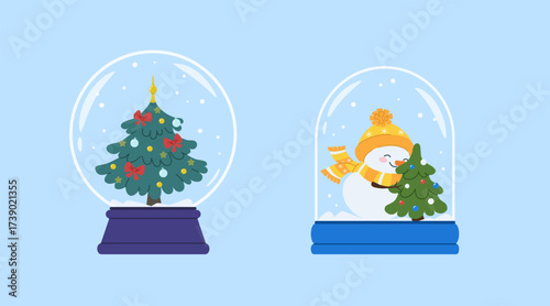 Glass dome with festive Christmas tree and snowman figurines inside..Christmas crystal balls with snow inside. Cute New Year's gift