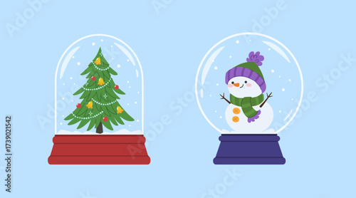 Christmas crystal balls with a snowman and Christmas tree. Cute New Year's gift. Glass dome with festive Christmas tree and snowman figurines inside