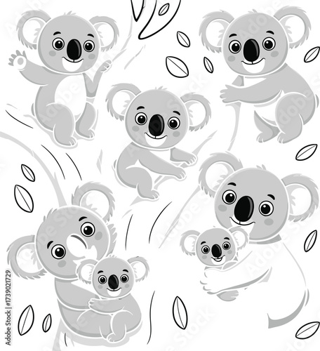 Cartoon koala family on tree branches, grayscale animal character set, playful and relaxed poses, parent and baby concept, vector design, cute and friendly