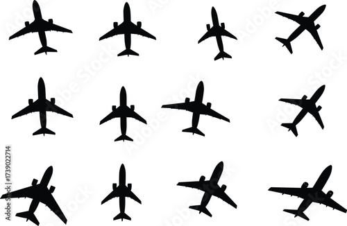 Airplane, aircraft, aviation, silhouette, top view, jet, wings, flight, transport, travel, commercial, military, black, grid, design, orientation, overhead, flying, aerodynamics, recognition