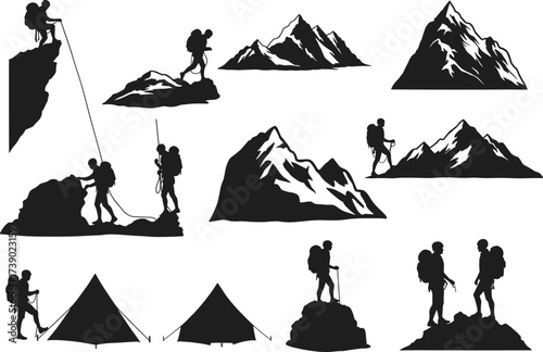 Mountain hiking and rock climbing silhouette collection with campers, explorers and rugged peaks for outdoor adventure design resources