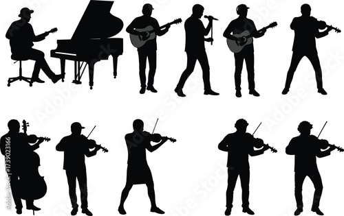 Music, musician, silhouette, guitar, piano, violin, cello, double bass, electric, acoustic, concert, performance, stage, singer, ensemble, band, instrument, classical, artistic, entertainment