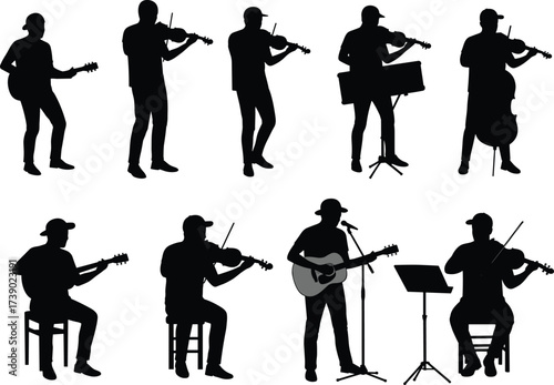 Music, musician, silhouette, guitar, violin, cello, double bass, performance, concert, string, instrument, band, singer, stage, acoustic, classical, ensemble, sound, entertainment, artistic