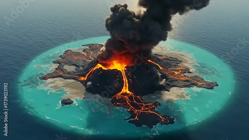 Volcanic Island Eruption Lava Flows into Ocean Smoke Ash Aerial View Nature