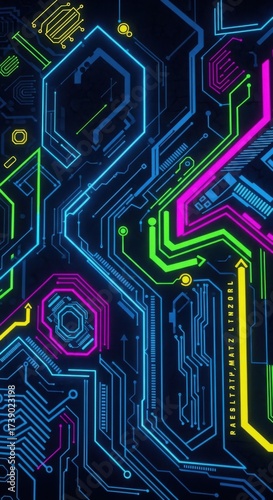 Futuristic motherboard schematic displaying colorful neon circuit pathways