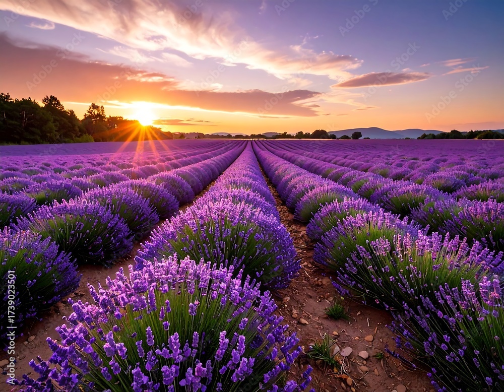 Fototapeta premium Golden sunset over a vast purple lavender field