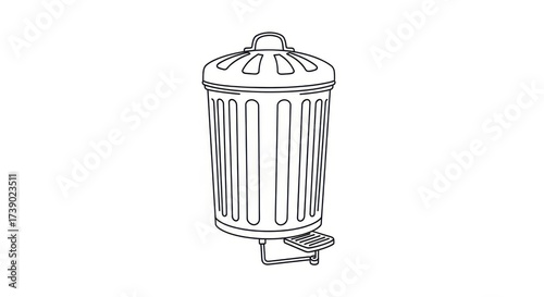Line art illustration of a metal step-on trash can with closed lid