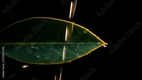 Water Droplets on Green Leaves Against Black Background Capturing Nature's Beauty