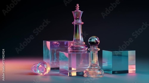 Transparent chess pieces displayed with geometric blocks and colorful lighting