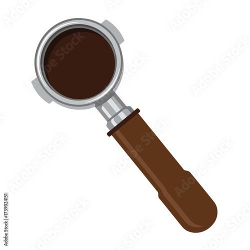 Freshly brewed espresso in portafilter ready for a delicious latte or cappuccino at your hip and modern coffee shop or cafe