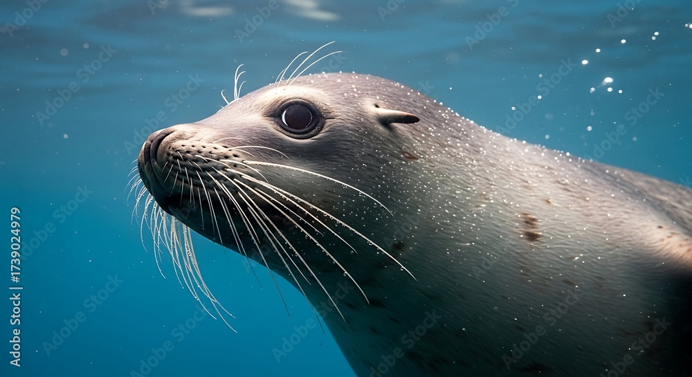 Fototapeta premium Close-up of a Harbor Seal Underwater with Bubbles Floating Up in Blue Water