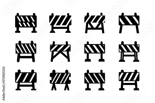 Construction Barrier Icons Set Vector Collection in Black Silhouette Style