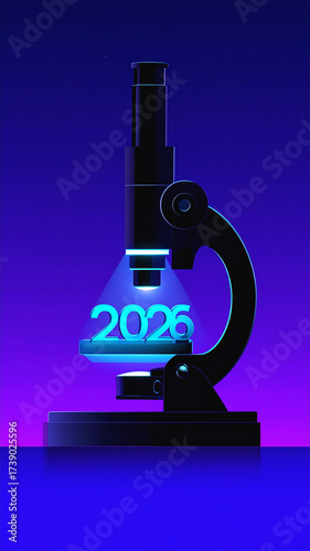 Vision 2026: An abstract representation of the future, symbolized by the year 2026 glowing brightly beneath a microscope, emphasizing scientific exploration.