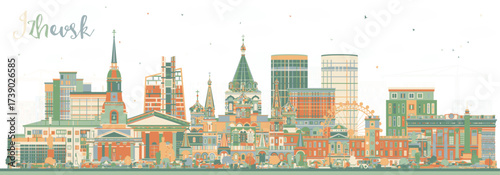 Izhevsk Russia city skyline with color buildings. Illustration. Izhevsk cityscape with landmarks. Business travel and tourism concept with modern and historic architecture.
