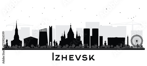 Izhevsk Russia city skyline silhouette with black buildings isolated on white. Izhevsk cityscape with landmarks. Business travel and tourism concept with modern and historic architecture.