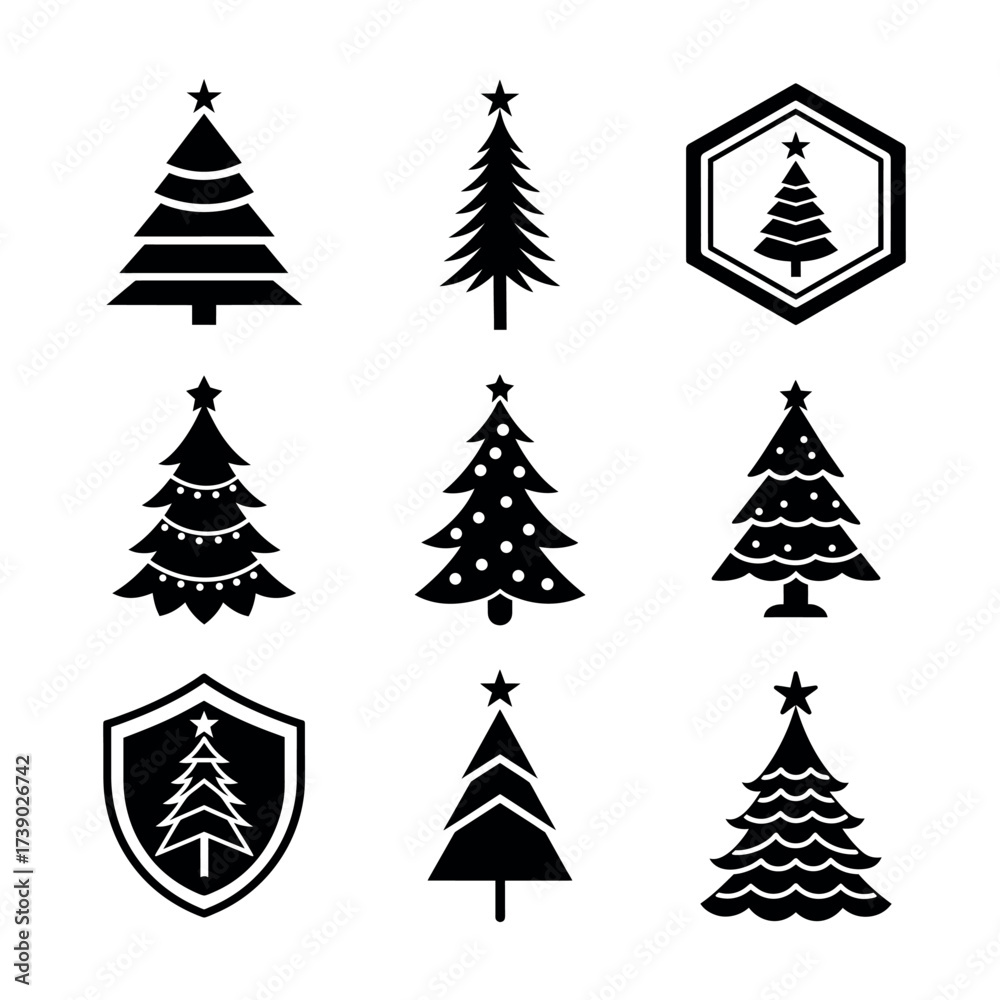 Obraz premium Christmas Tree Icons – Holiday, Festive, and Winter Decoration Vector Set for Design & Branding