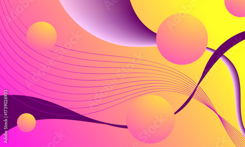 abstract yellow purple smooth lines wave curves variety with circle ball depth background