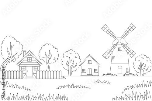 Hand drawn sketch of a rural village with a windmill and farmhouses