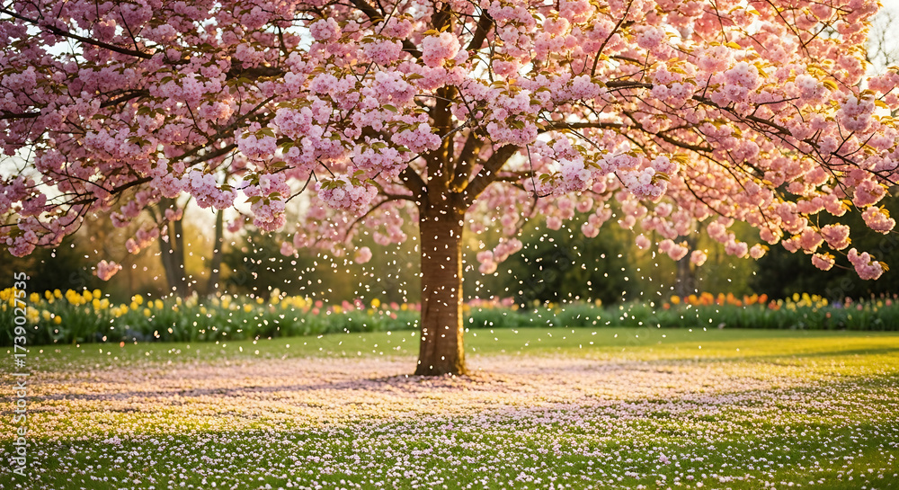 Naklejka premium Cherry Blossom Tree in Spring Garden with Petals Falling