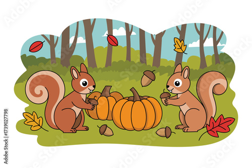 Cute cartoon squirrels with pumpkins and acorns in an autumn forest scene