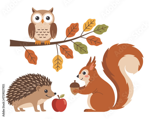 Cute autumn forest animals owl squirrel hedgehog with apple and acorn