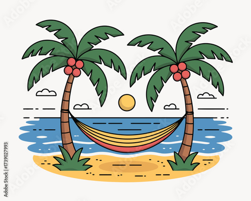 Tropical beach scene with palm trees and hammock at sunset
