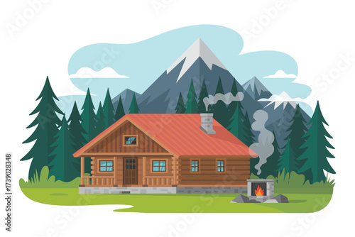 Cozy wooden cabin nestled in a pine forest with snowy mountain backdrop