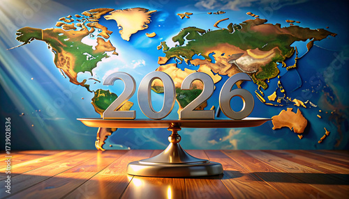 Future World: The year 2026 stands balanced on a scale before a map of the world, symbolizing global equilibrium and the challenges that lie ahead in the years ahead. 