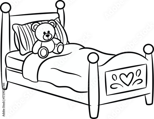 Teddy bear sitting on a child's bed with heart decoration stuffed animal