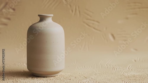 A simple, minimalist, neutral-toned ceramic vase sits on a sandy surface, creating a calm and serene aesthetic for decor