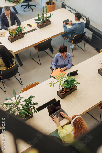 Coworkers using laptops and digital tablets in modern office with plants