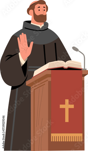 Priest Preaching at Pulpit Vector Illustration