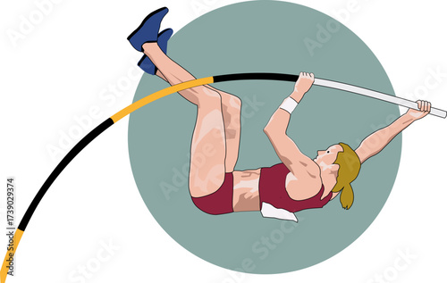 Female Pole Vault Vector Illustration in Red Outfit