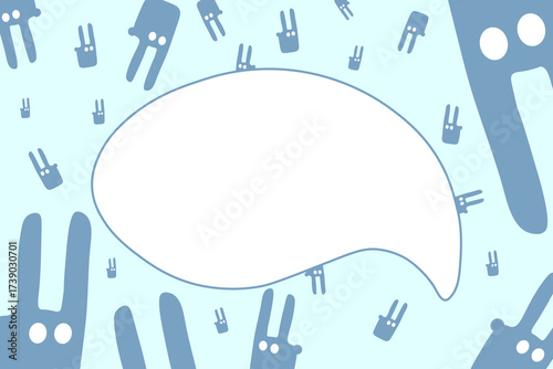 Creative cloud under  text, speech bubble. Rounded white frame and rabbits, hares on  blue background. Wildlife animal. Flat vector design.