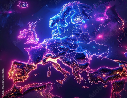 Glowing neon map of Europe with vibrant lights and futuristic design