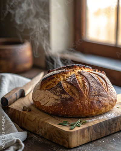 Steaming Hot Sourdough Loaf on a Wooden Cutting Board by a Rustic Window - Homemade Artisanal Bread

