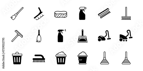 Collection of minimalist line icons for household cleaning and domestic chores