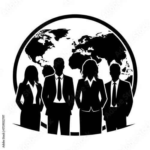 Silhouette of a professional business team standing before a global map icon