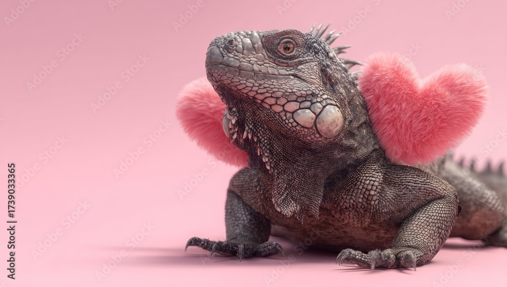 Obraz premium A grey iguana adorned with pink heart-shaped fluffy adornments, set against a pink backdrop