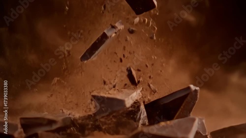 Delicious dark chocolate pieces scattering in rich cocoa dust