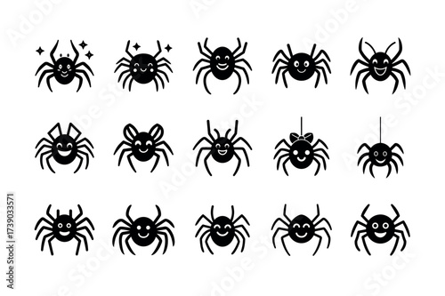 Spider Silhouette Icons – Cute Cartoon & Halloween Arachnid Vector Set