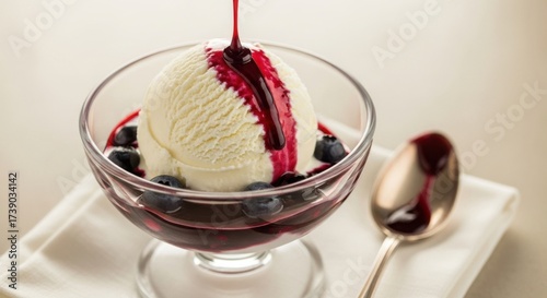 Vanilla ice cream with blueberry compote and sauce in crystal clear bowl