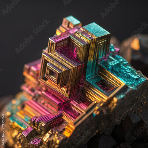 Vibrant Iridescent Bismuth Hopper Crystal Macro on Matrix - Colorful Geometric Mineral Specimen

